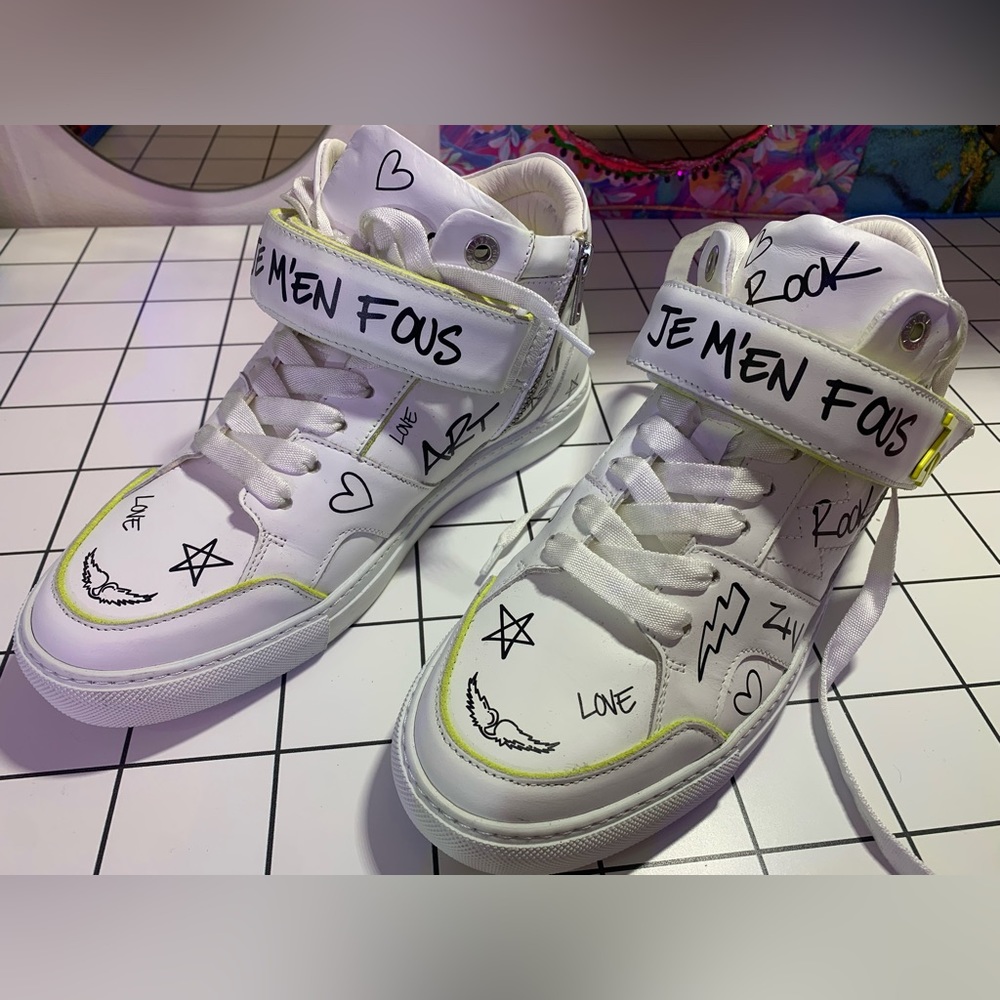 Zadig & Voltaire fluo yellow suede mid-top sneakers w/ lettering and Velcro